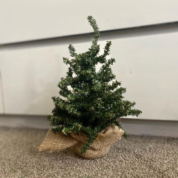 Artificial christmas tree- small at 13 inches with brown wrapping on bottom. - Picture 2 of 3